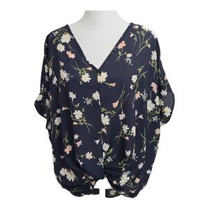 Moci By Purple Rain Floral Navy Blue Blouse Women's XL Top